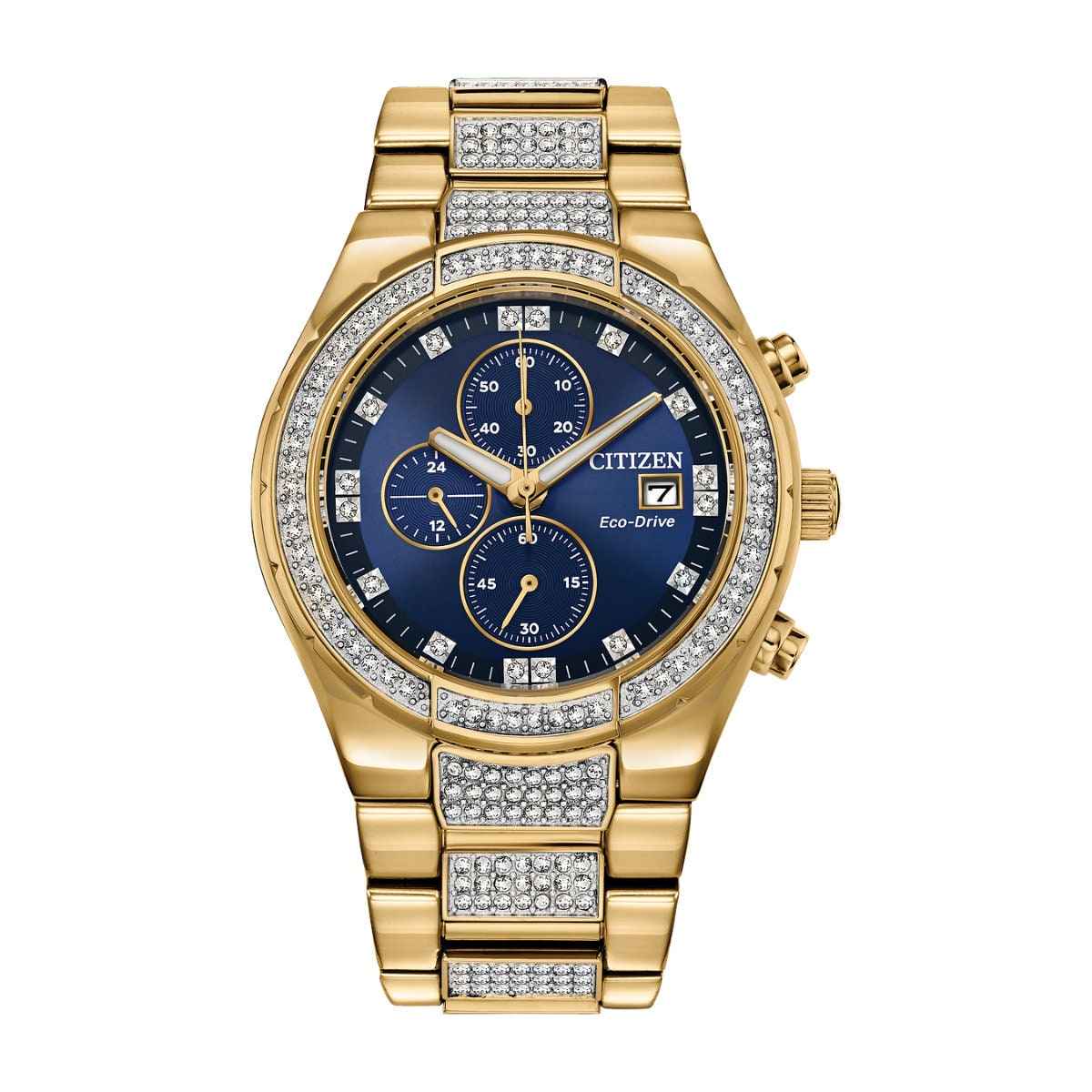 Citizen Men's Crystal Eco-Drive Gold-Tone Stainless Steel Watch with Blue Dial Crystal Accents