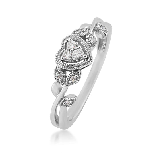 I Promise .08 ct. tw. Heart and Flowers Promise Ring with Milgrain Design in 10K White Gold front view