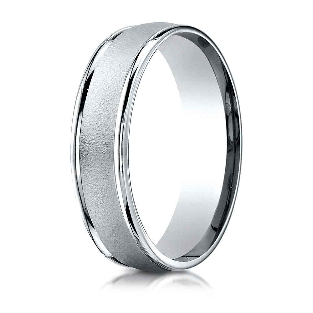 Benchmark Men's Wedding Band with Wire Brush Center and Satin Finish in 10K White Gold close-up detail