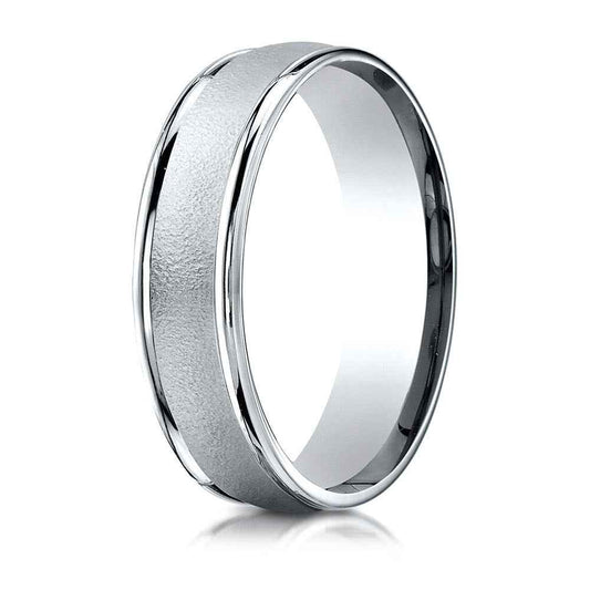 Benchmark Men's Wedding Band with Wire Brush Center and Satin Finish in 10K White Gold close-up detail