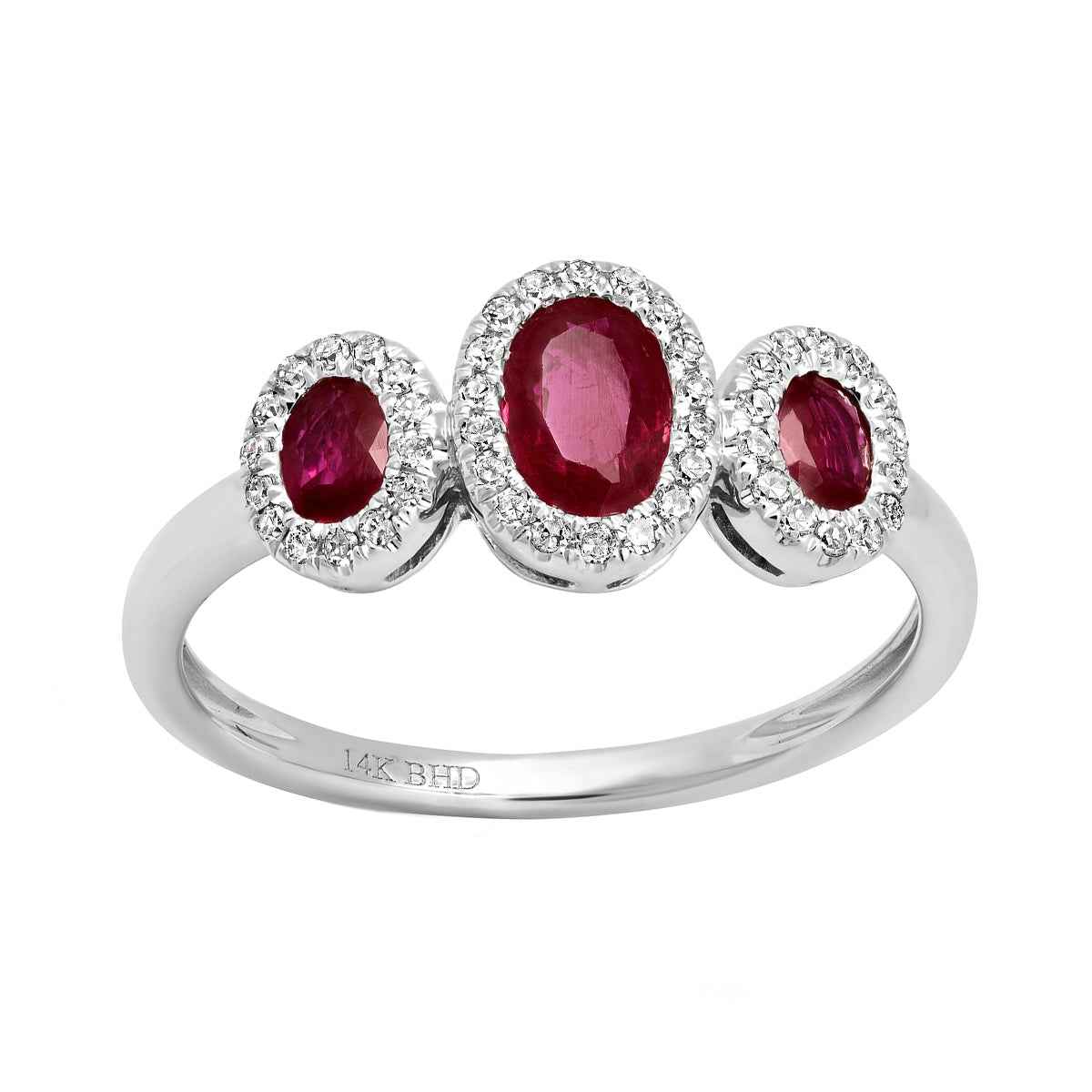 Oval Ruby and 1/6 ct. tw. Diamond Halo 3-Stone Ring in 14K White Gold