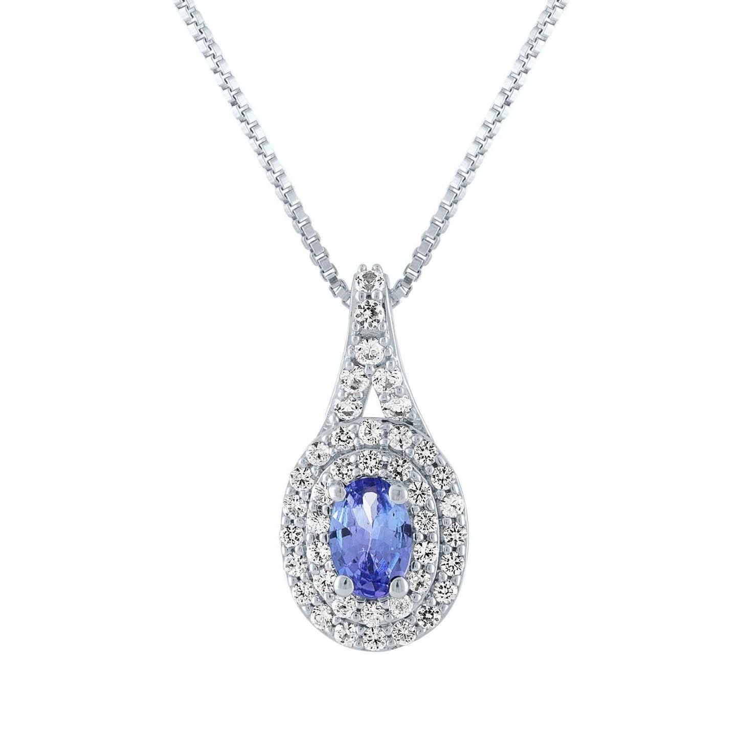 Genuine Oval Tanzanite and Created White Sapphire Double Halo Pendant in Sterling Silver