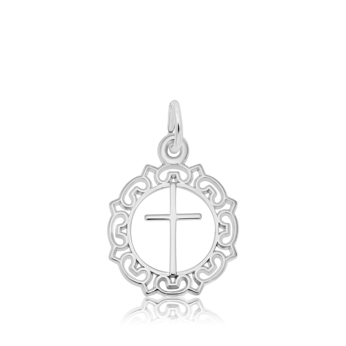 Cross Circle Charm with Ornate Border in Sterling Silver