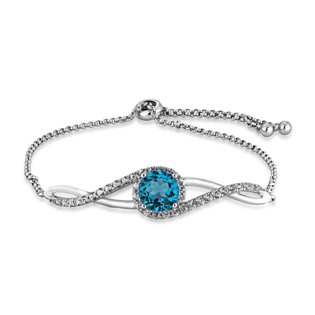 Genuine Round Swiss Blue Topaz & Created White Sapphire Bolo Bracelet in Sterling Silver