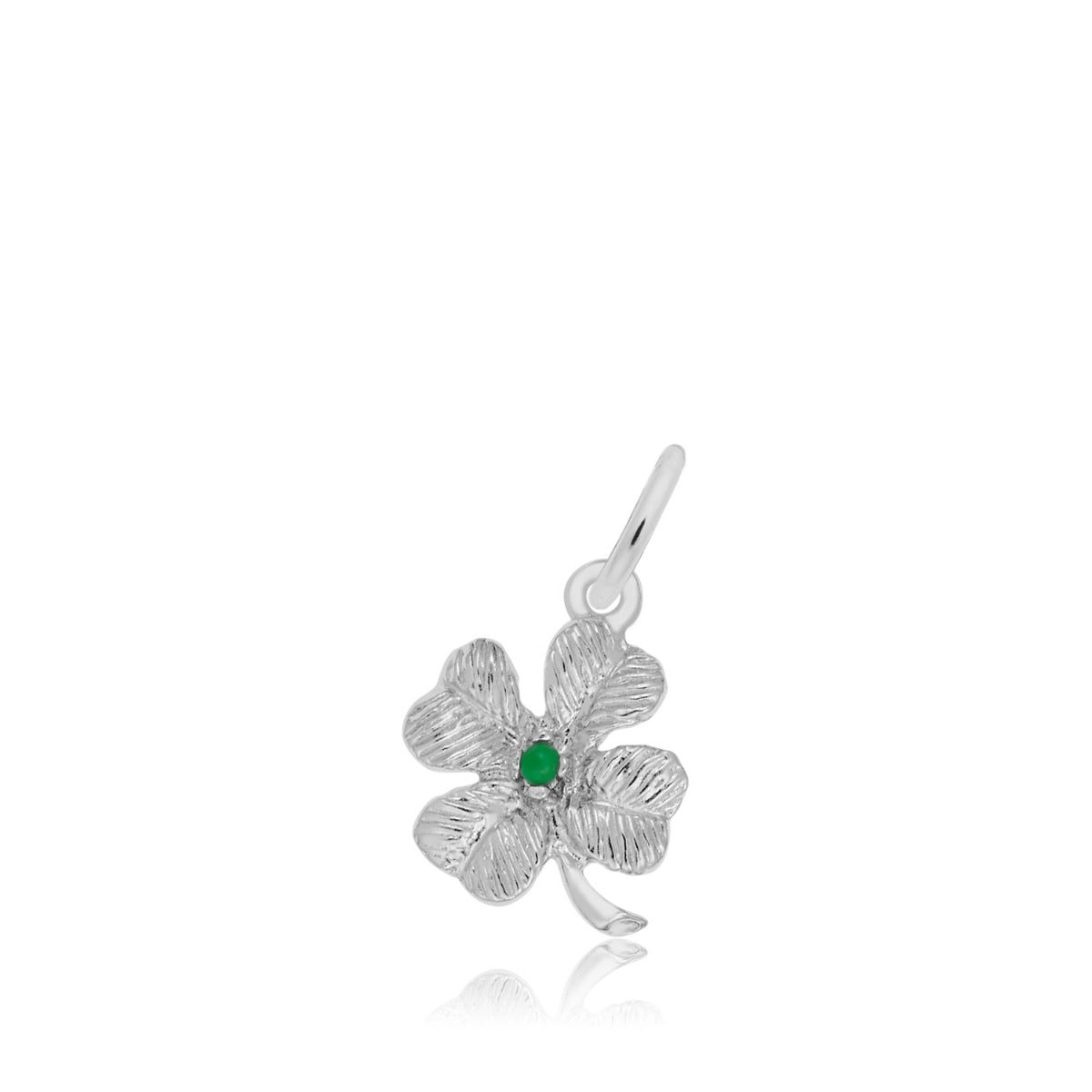 Four Leaf Clover Charm with Green Bead in Sterling Silver