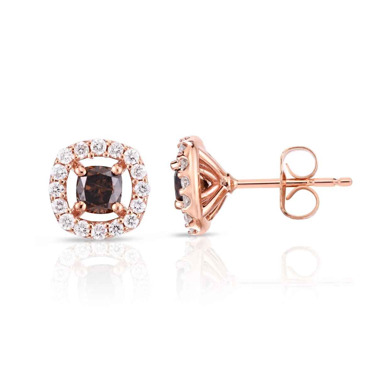 Mocha Lux 9/10 ct. tw. Cushion Mocha Diamond Halo Earrings in 14K Pink Gold