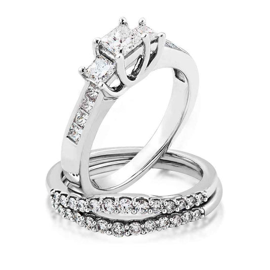 Natural 1-1/2 ct. tw. 3-Stone Princess Cut Diamond Wedding Set in 14K White Gold front view