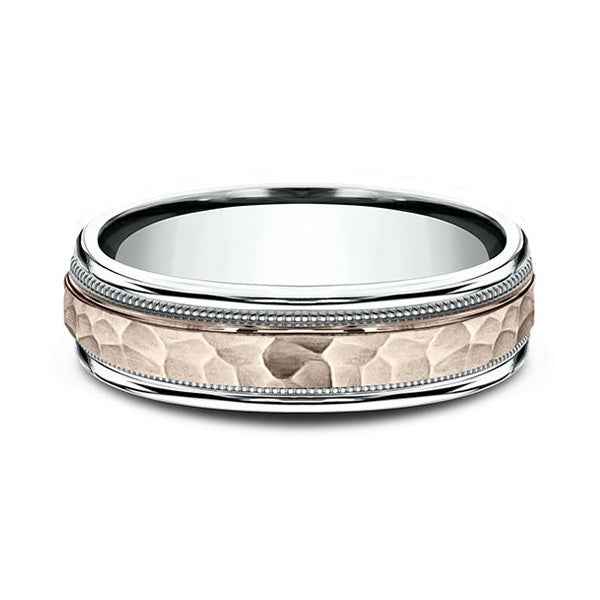 Benchmark Men's Wedding Ring with Hammered Center and Milgrain Border in 14K White and Pink Gold