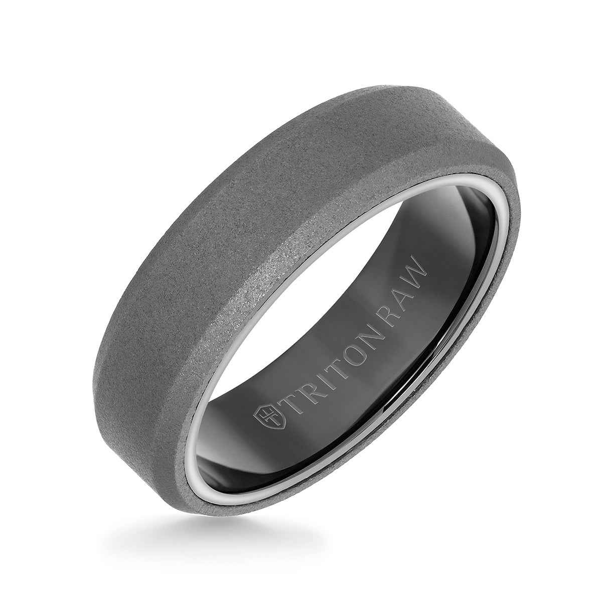 Triton Men's 6mm Tungsten Raw Beveled Edge Wedding Ring With Matte Finish and Black Interior front view