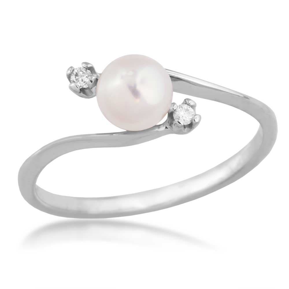 Round White Pearl & 2 Stone Diamond Ring in 10K White Gold