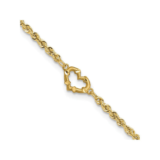 10-inch Diamond Cut Open Heart Ankle Bracelet in 10K Yellow Gold front view