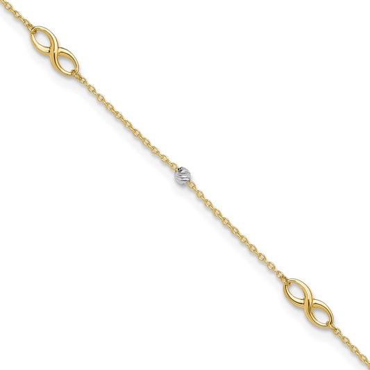 10-inch Adjustable Infinity & Diamond Cut Bead Ankle Bracelet in 10K Yellow & White Gold front view