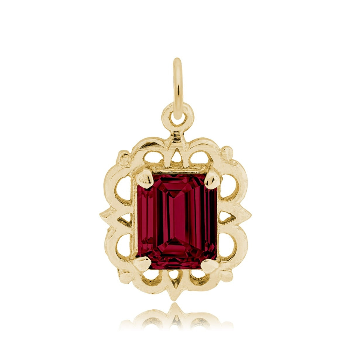 Emerald Cut Red CZ January Birthstone Charm in 14K Yellow Gold