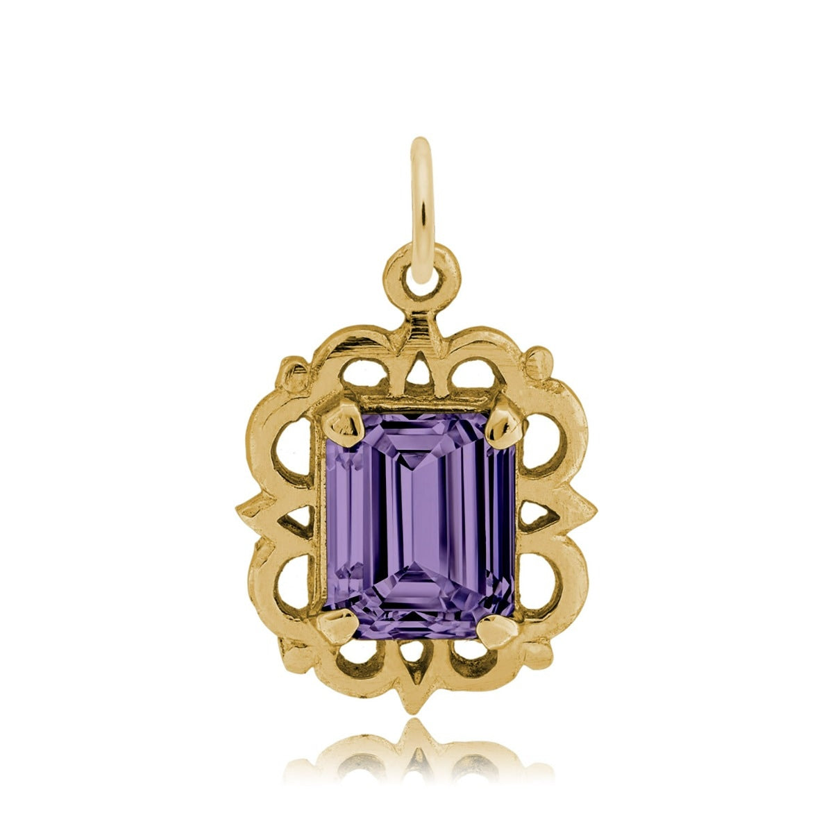 Emerald Cut Purple CZ February Birthstone Charm in 14K Yellow Gold