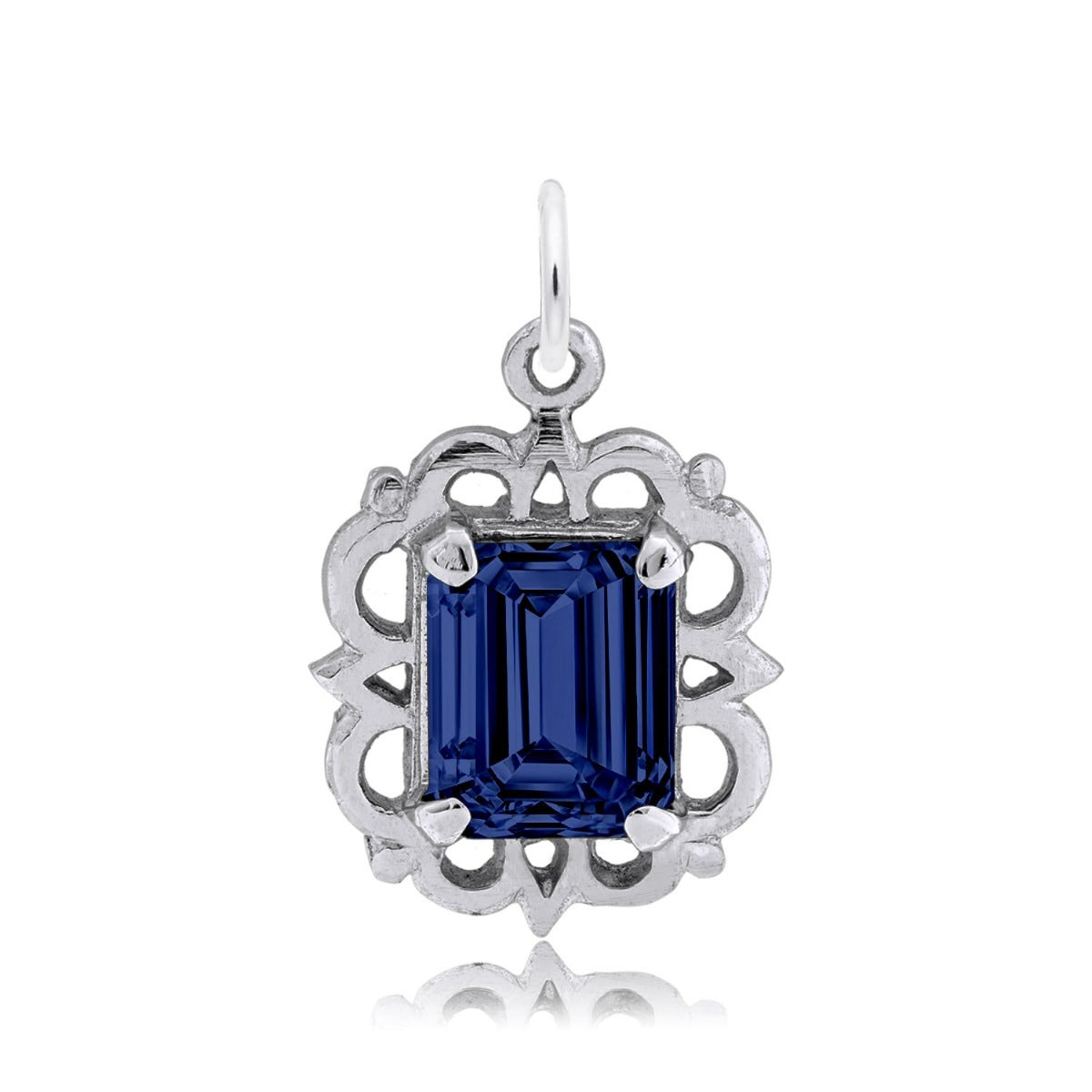 Emerald Cut Blue CZ September Birthstone Charm in Sterling Silver