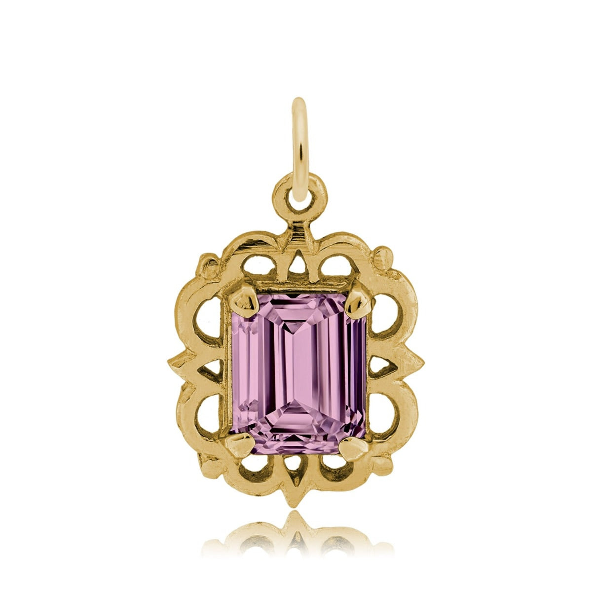 Emerald Cut Pink CZ October Birthstone Charm in 14K Yellow Gold