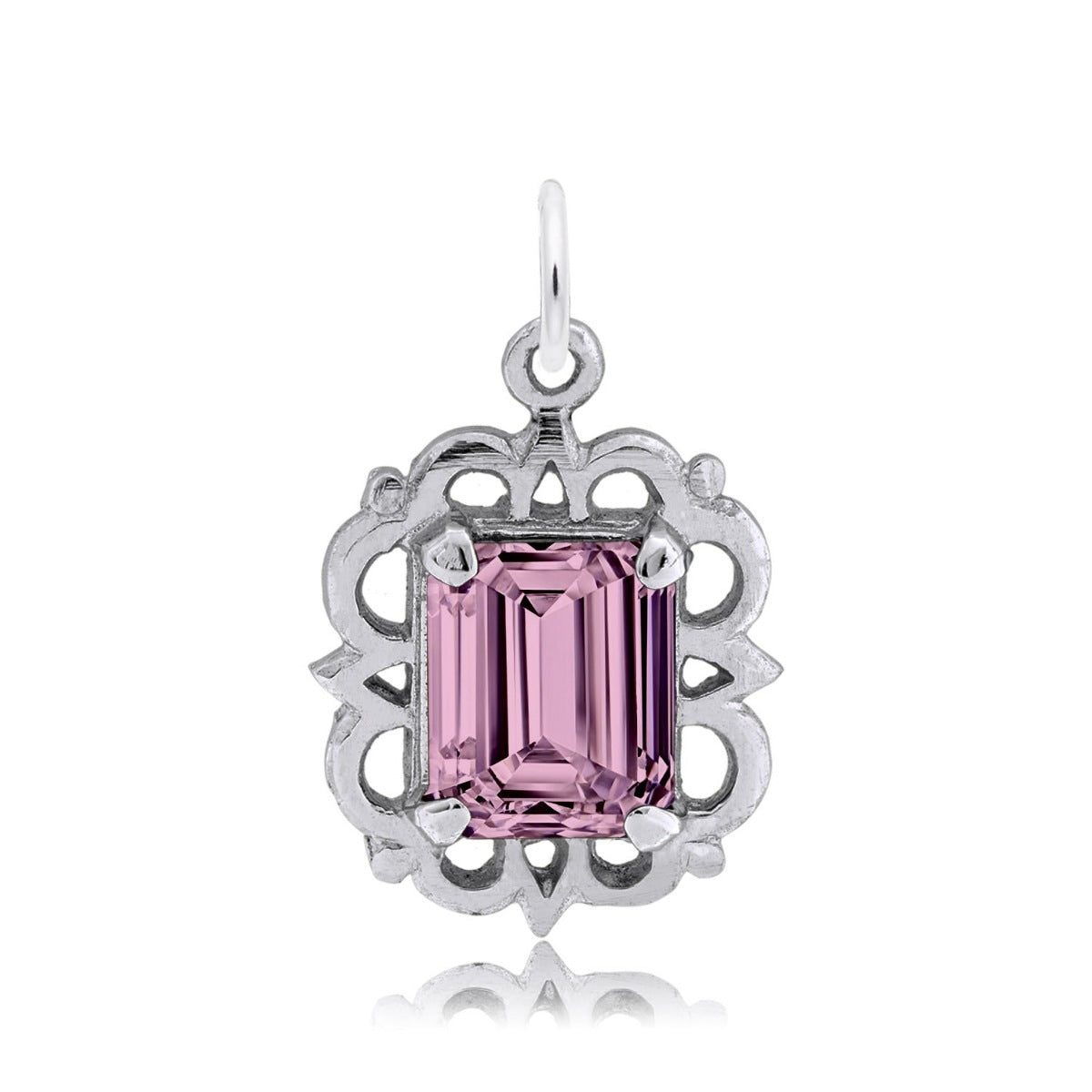 Emerald Cut Pink CZ October Birthstone Charm in Sterling Silver