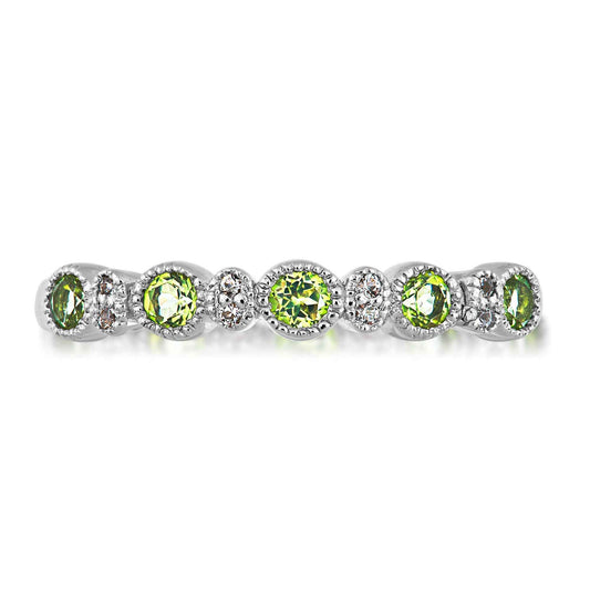 Genuine Round Peridot & Created Round White Sapphire Stackable Ring with Milgrain Halo Accents in Sterling Silver front view