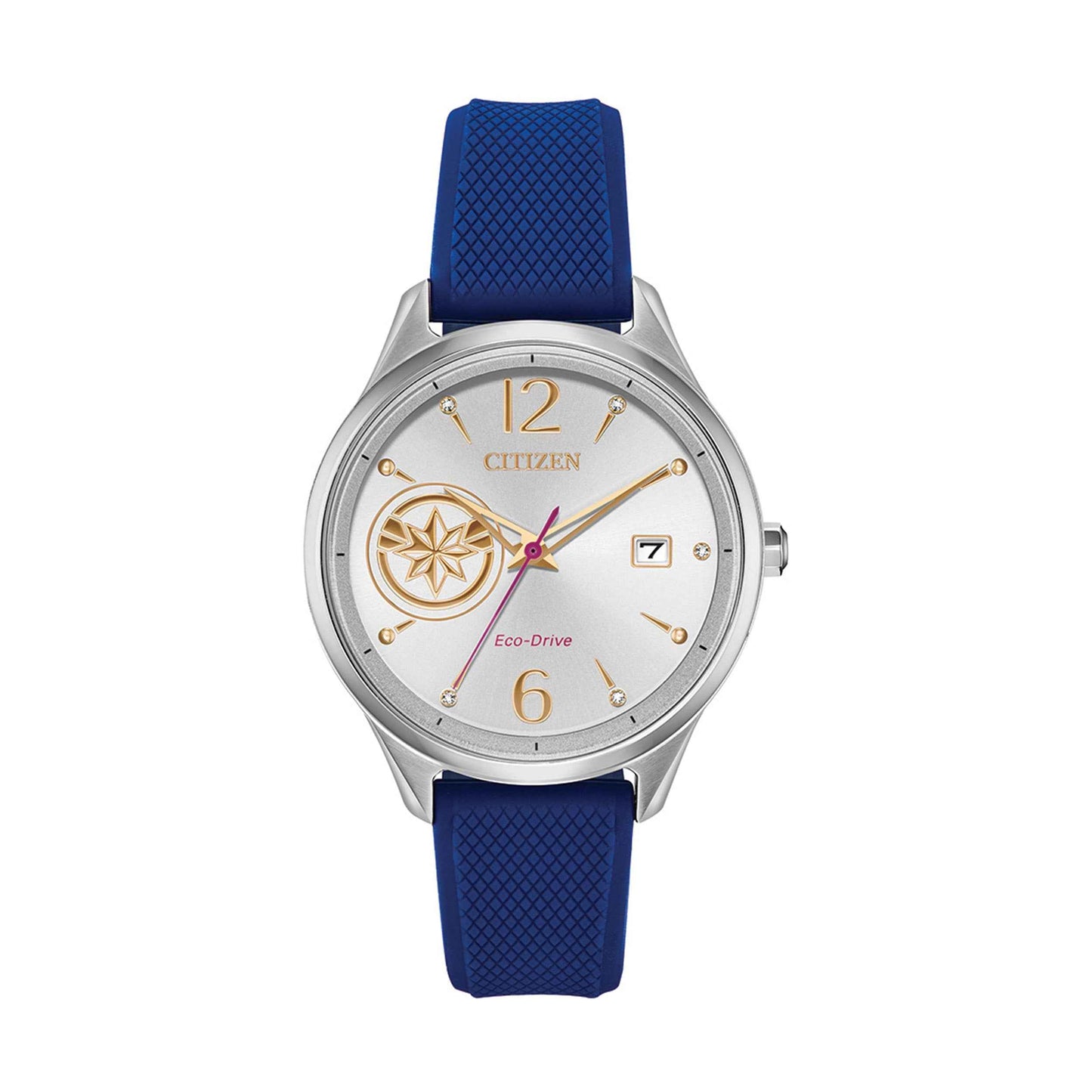 Marvel Captain America Ladies' Stainless Steel Watch with Captain America Shield on Dial and Blue Silicone Band by Citizen