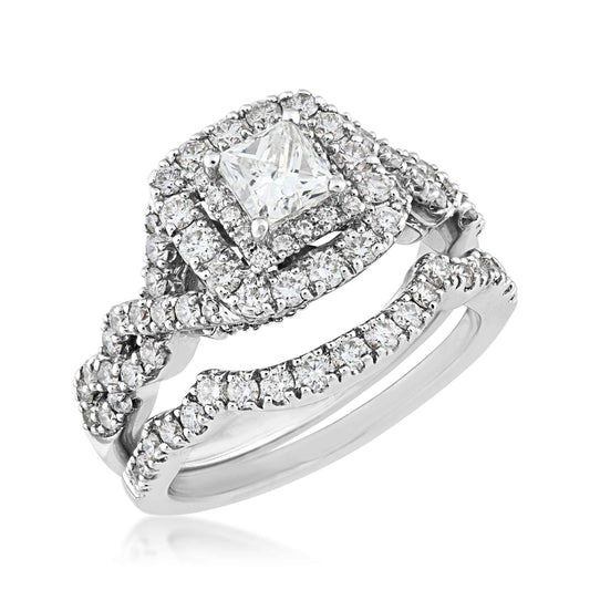 Natural 1-3/4 ct. tw. Princess Cut Diamond Double Halo Twist Wedding Set in 14K White Gold close-up detail