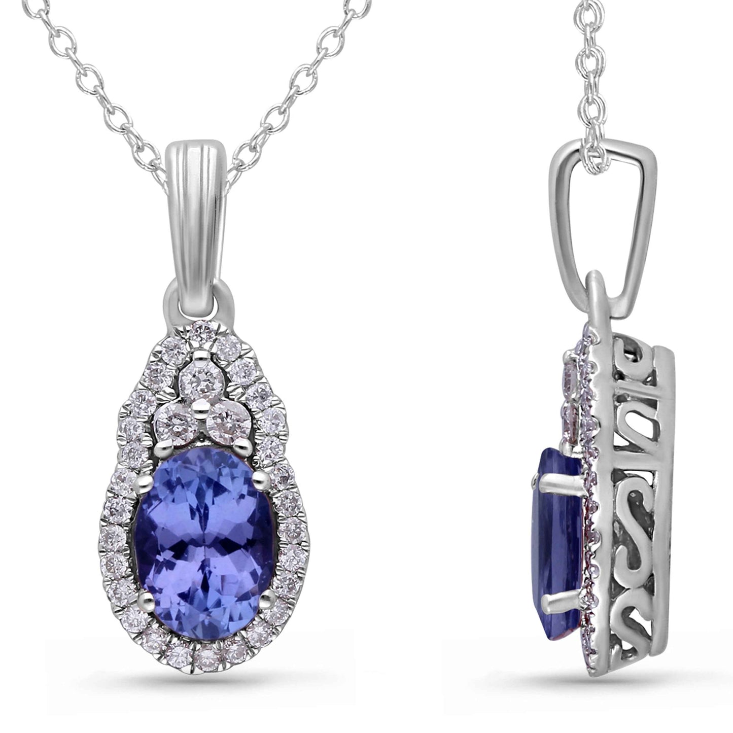 Kallati Oval Tanzanite & 1/8 ct. tw. Diamond Halo Pendant in 14K White Gold