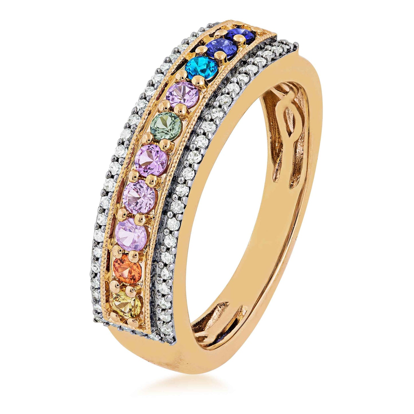 Genuine Multi-Color Sapphire & 1/6 ct. tw. Diamond Ring in 10KT Yellow Gold front view