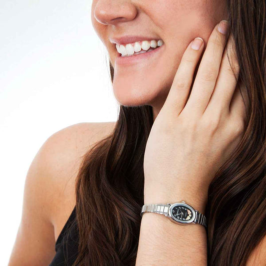 Black Hills Gold Ladies' Quartz Stainless Steel Watch with Black Oval Dial front view