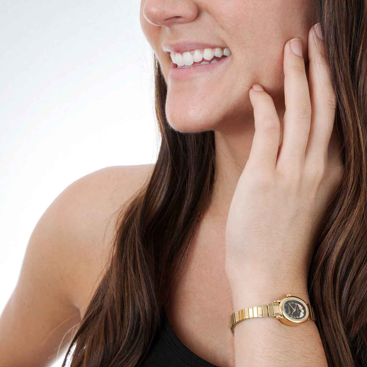 Black Hills Gold Ladies' Quartz Gold-Tone Stainless Steel Watch with Black Oval Dial close-up detail