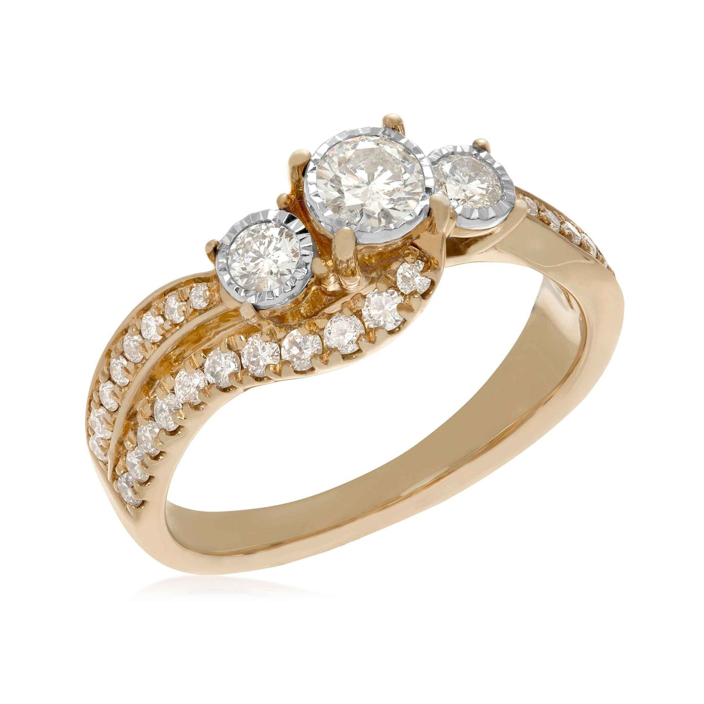 7/8 ct. tw. Round Brilliant 3-Stone Diamond Bypass Engagement Ring with Miracle Plates in 14K Yellow Gold front view