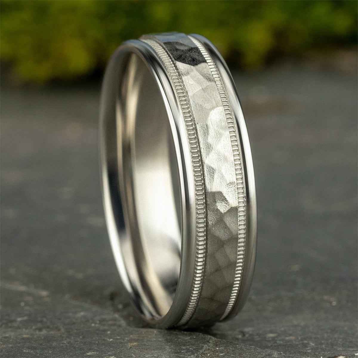 Benchmark Men's 6mm Hammered Finish Wedding Ring in 10K White Gold side profile