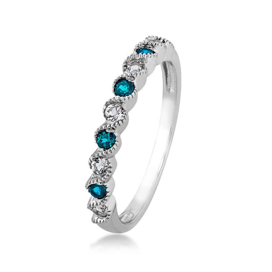 Genuine Round London Blue Topaz & White Topaz Wrapped Stackable Ring in 10K White Gold front view