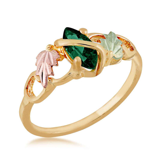 Black Hills Gold Created Marquise Emerald Grapevine Ring in 10K Yellow Gold front view
