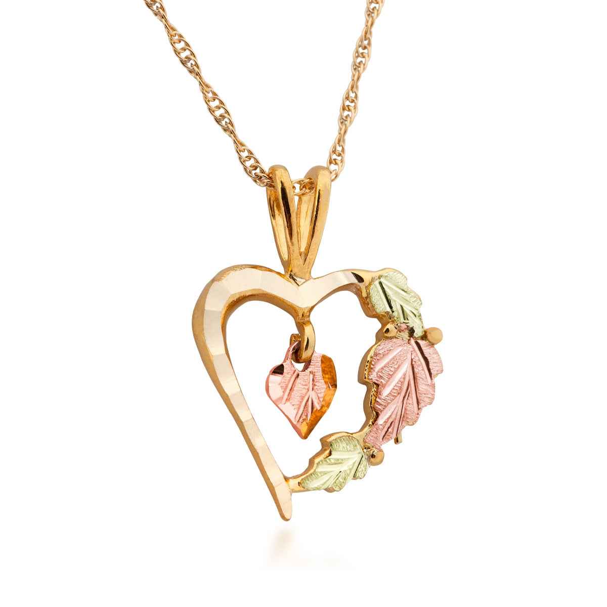Black Hills Gold Heart Pendant with Dangle Leaf Center in 10K Yellow Gold