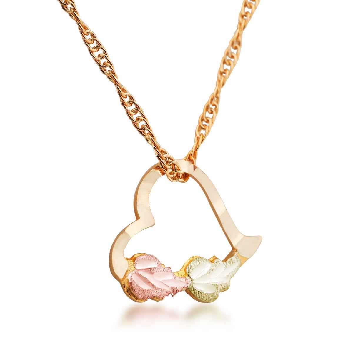Black Hills Gold Diamond Cut Double Leaf Heart Pendant in 10K Yellow Gold