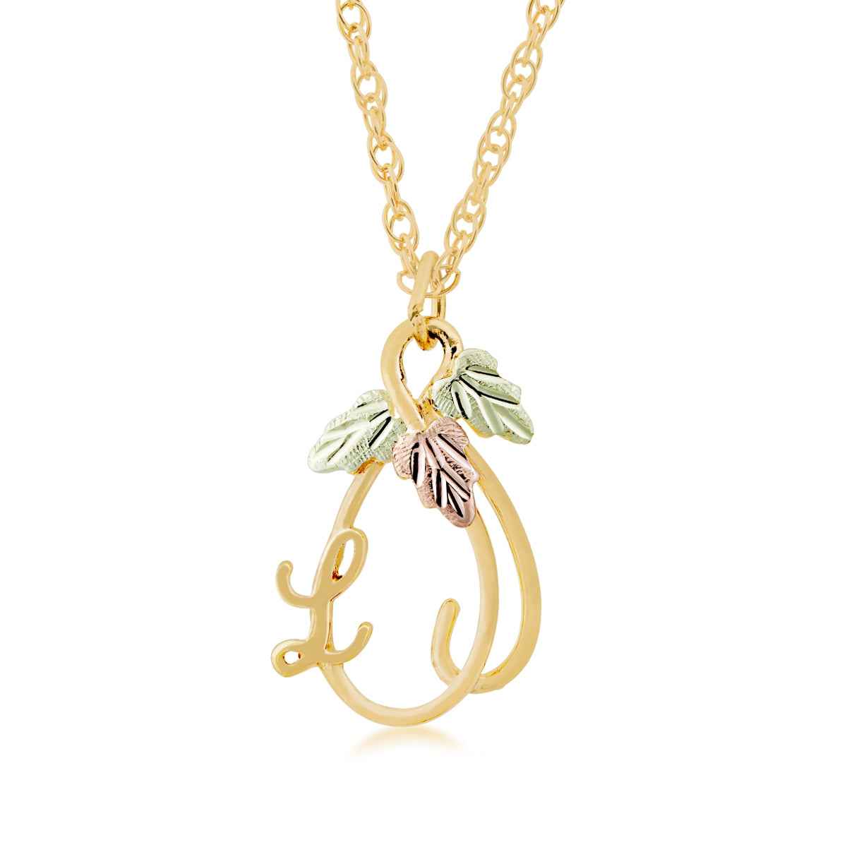 Black Hills Gold Hanging Vine with Leaves Initial Letter L Pendant in 10K Yellow Gold