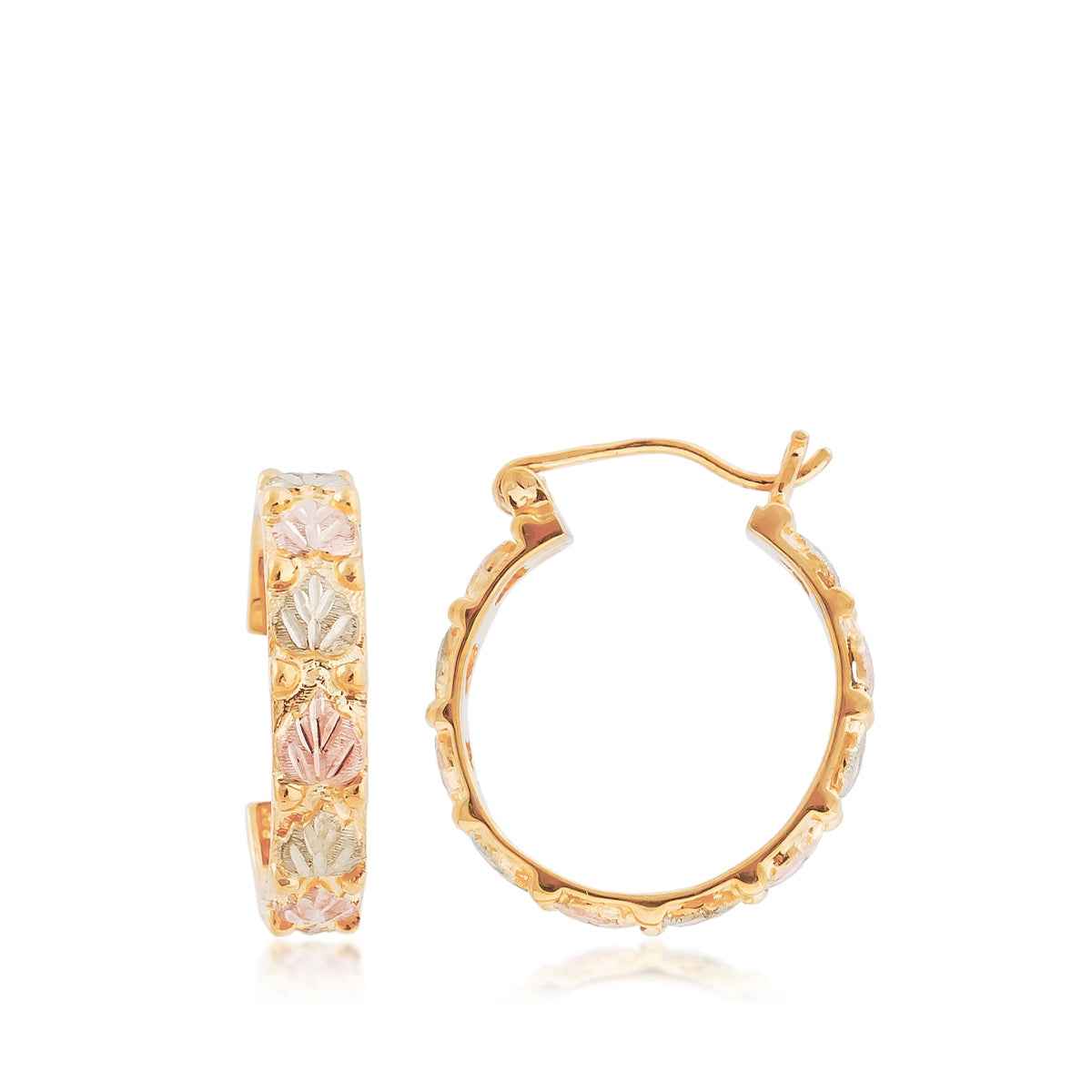 Black Hills Gold Pink & Green Leaf Alternating Hoop Earrings in 10K Yellow Gold