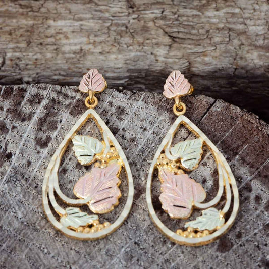 Black Hills Gold Diamond Cut Grapevine & Leaf Teardrop Dangle Earrings in 10K Yellow Gold front view
