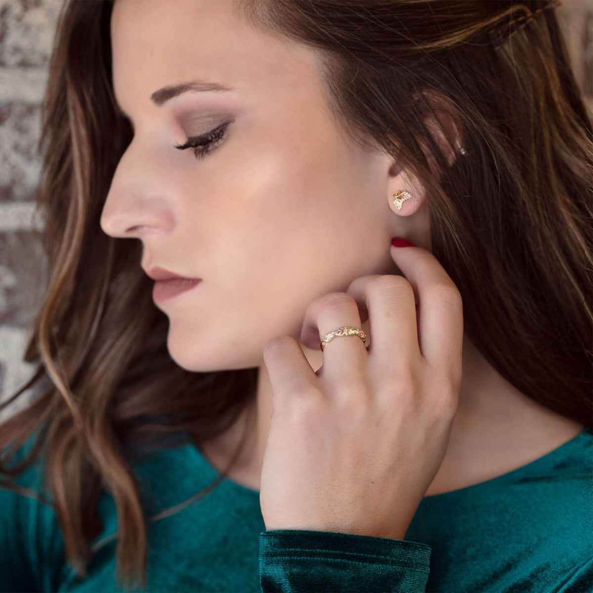 Black Hills Gold Double Leaf Vine Loop Earrings in 10K Yellow Gold front view