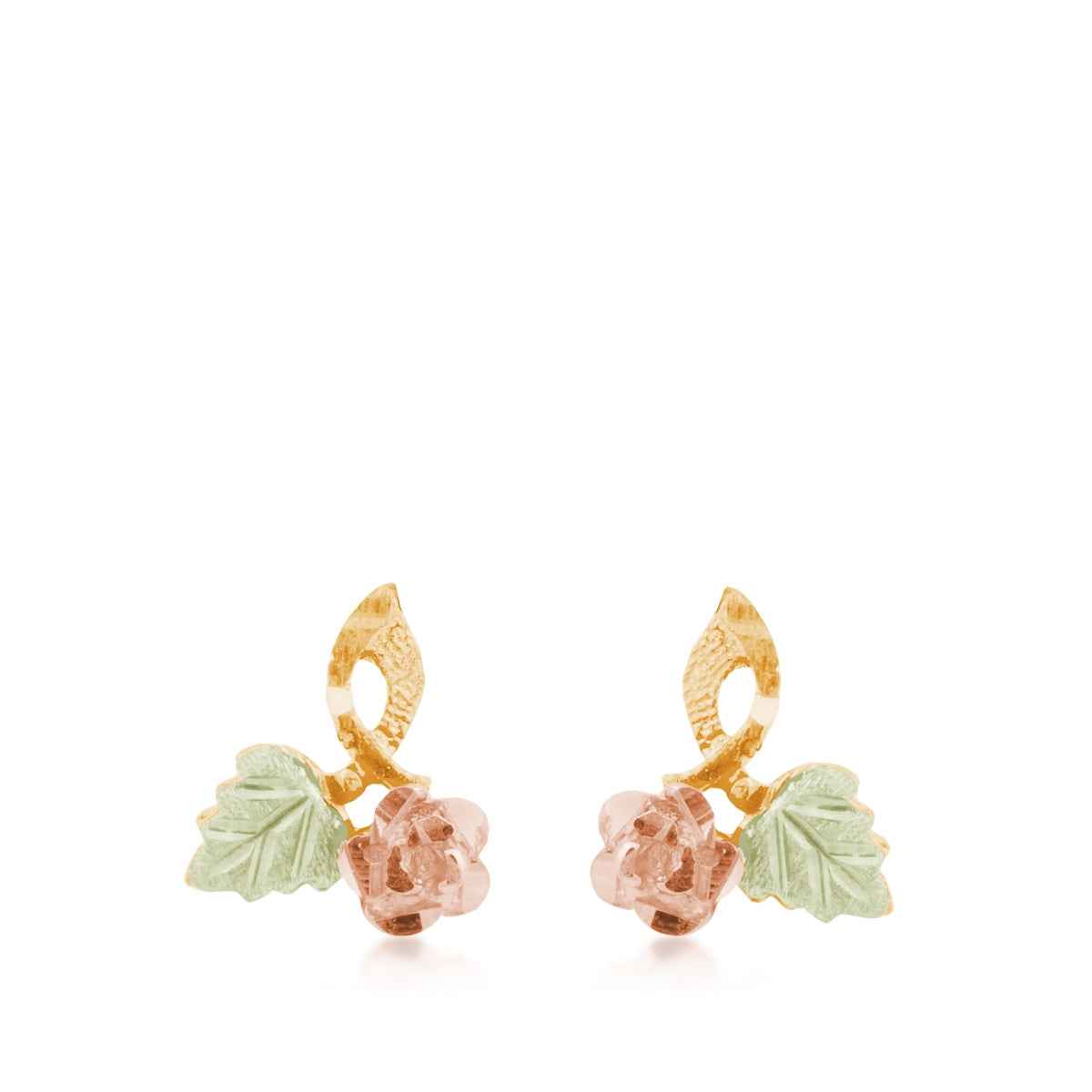 Black Hills Gold Hanging Rose & Green Leaf Earrings in 10K Yellow Gold