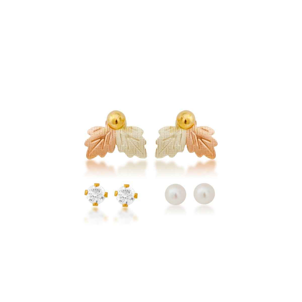 Black Hills Gold Cultured Freshwater Pearl, Cubic Zirconia, & Yellow Gold Filled Ball Studs with Leaf Earring Jackets