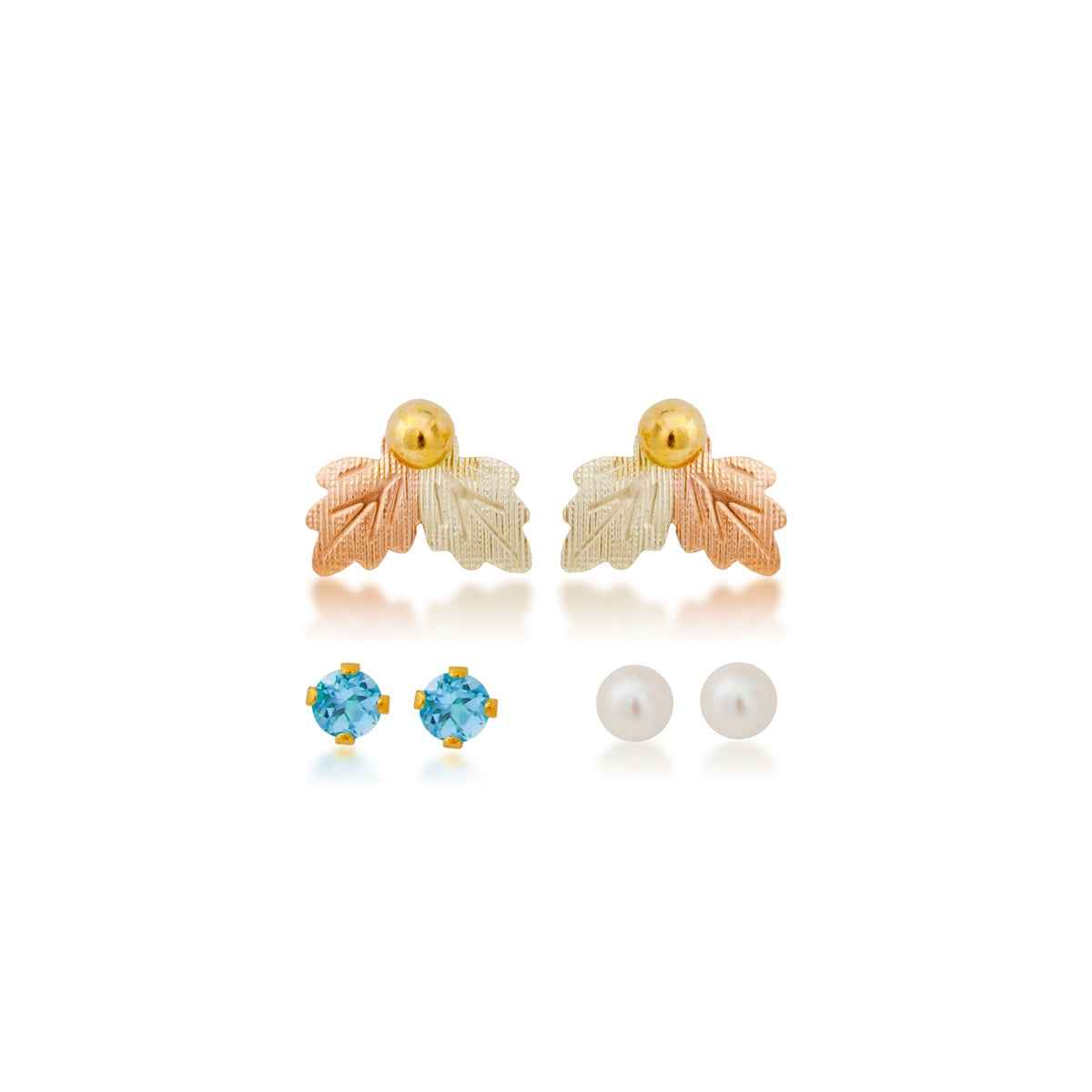 Black Hills Gold Cultured Freshwater Pearl, Synthetic Blue Topaz, & Yellow Gold Filled Ball Studs with Leaf Earring Jackets