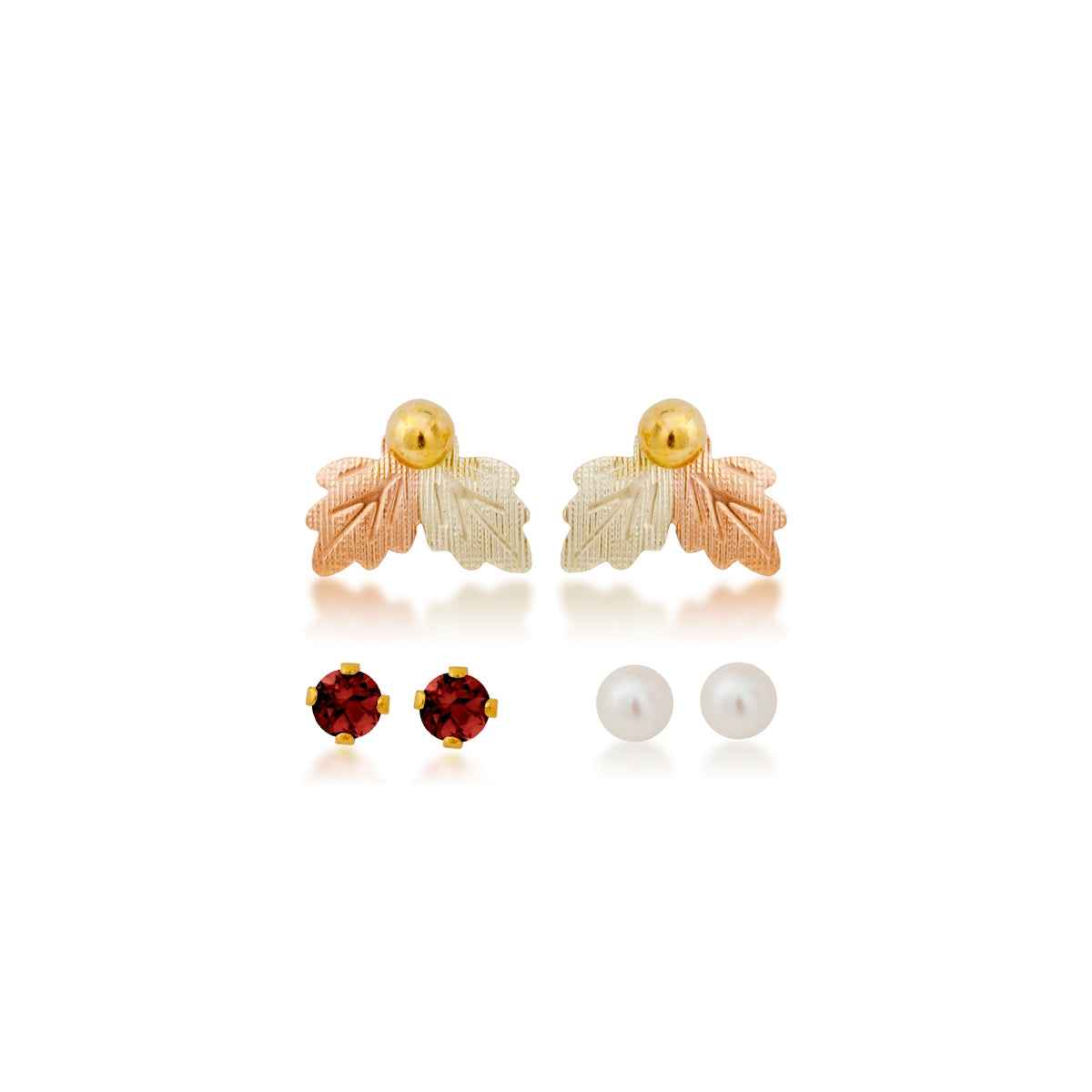 Black Hills Gold Cultured Freshwater Pearl, Synthetic Garnet, & Yellow Gold Filled Ball Studs with Leaf Earring Jackets