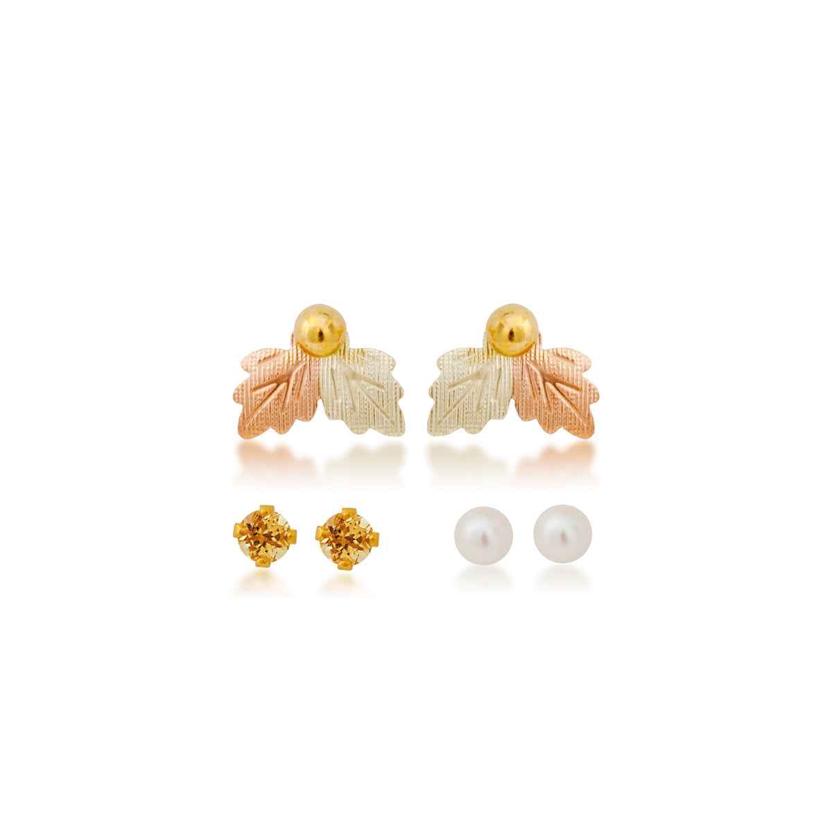 Black Hills Gold Cultured Freshwater Pearl, Synthetic Citrine, & Yellow Gold Filled Ball Studs with Leaf Earring Jackets