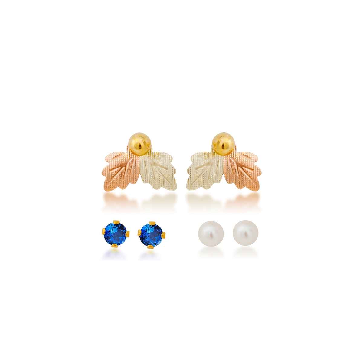 Black Hills Gold Cultured Freshwater Pearl, Synthetic Sapphire, & Yellow Gold Filled Ball Studs with Leaf Earring Jackets