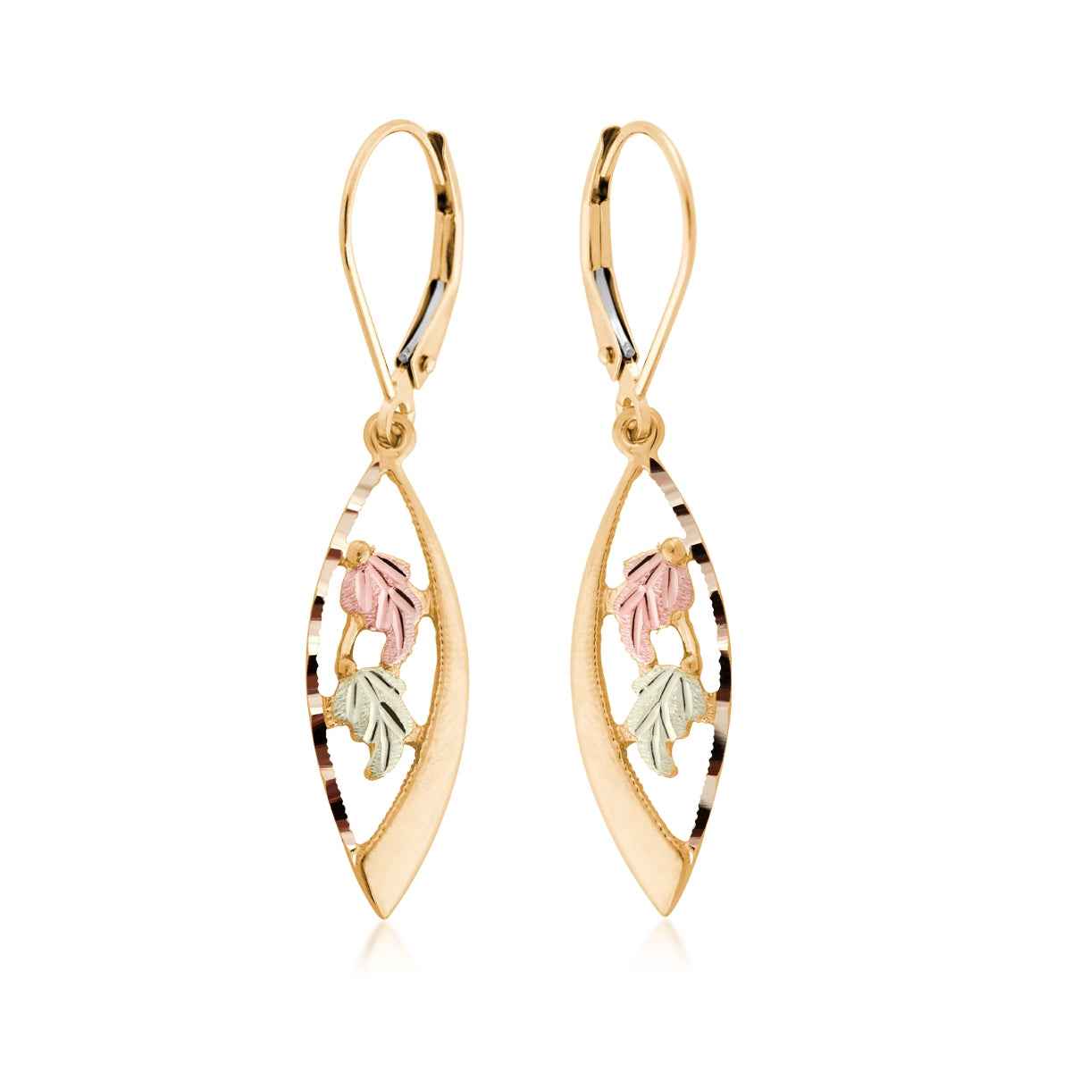 Black Hills Gold Double Leaf Marquise Dangle Earrings in 10K Yellow Gold