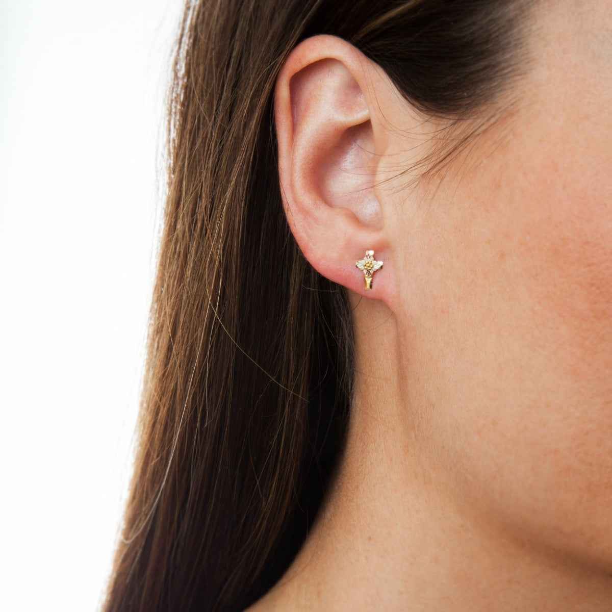 Black Hills Gold Small Cross Earrings with Grape Cluster Center in 10K Yellow Gold front view