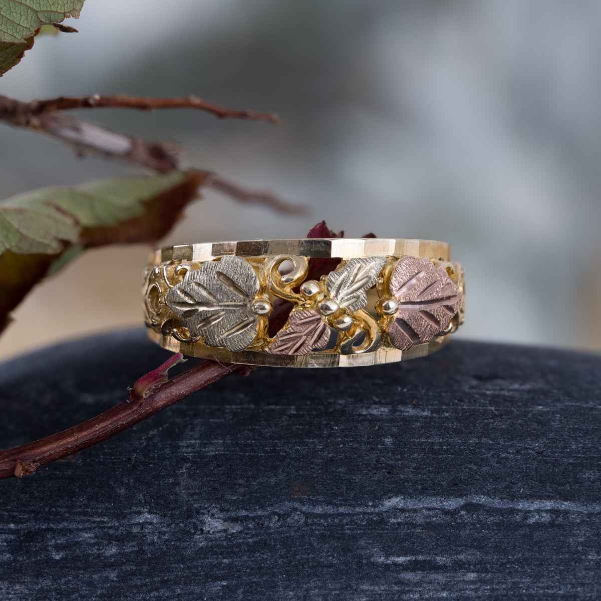 Black Hills Gold Diamond Cut Open Grapevine & Leaf Wedding Ring in 10K Yellow Gold front view