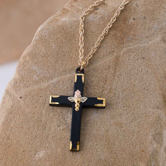 Black Hills Gold Triple Leaf & Grape Black Powder Coated Cross Pendant front view