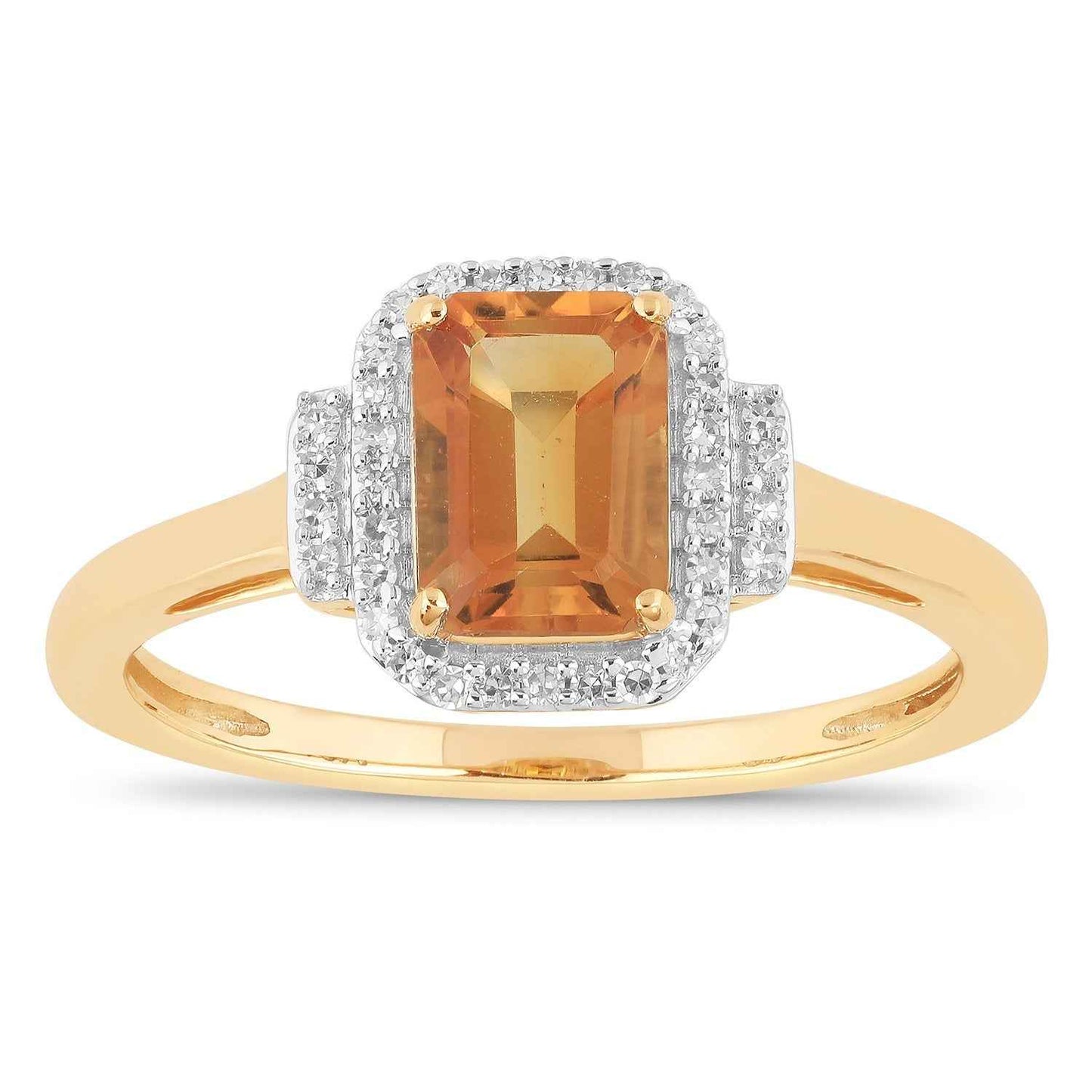 Emerald Cut Citrine with 1/10 ct. tw. Halo Diamond Ring with Side Bar Diamond Design in 10K Yellow Gold