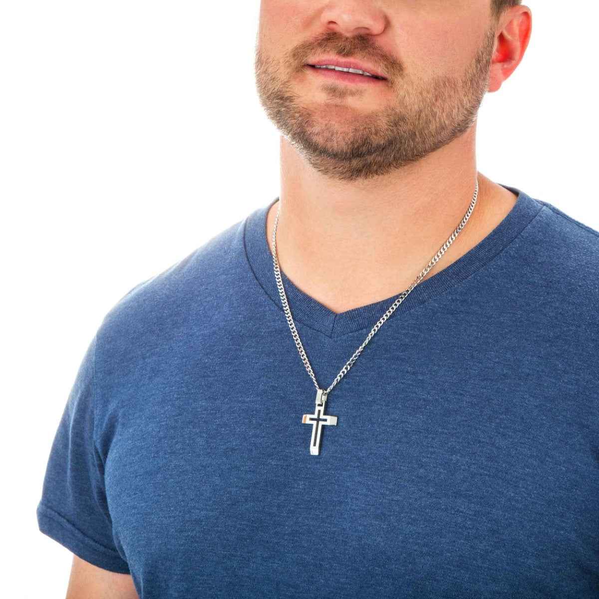 Men's Open Cross Pendant in Stainless Steel close-up detail